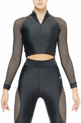 Black athletic outfit with mesh sleeves