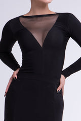 Black leotard with front and back v-cut with net and long sleeves