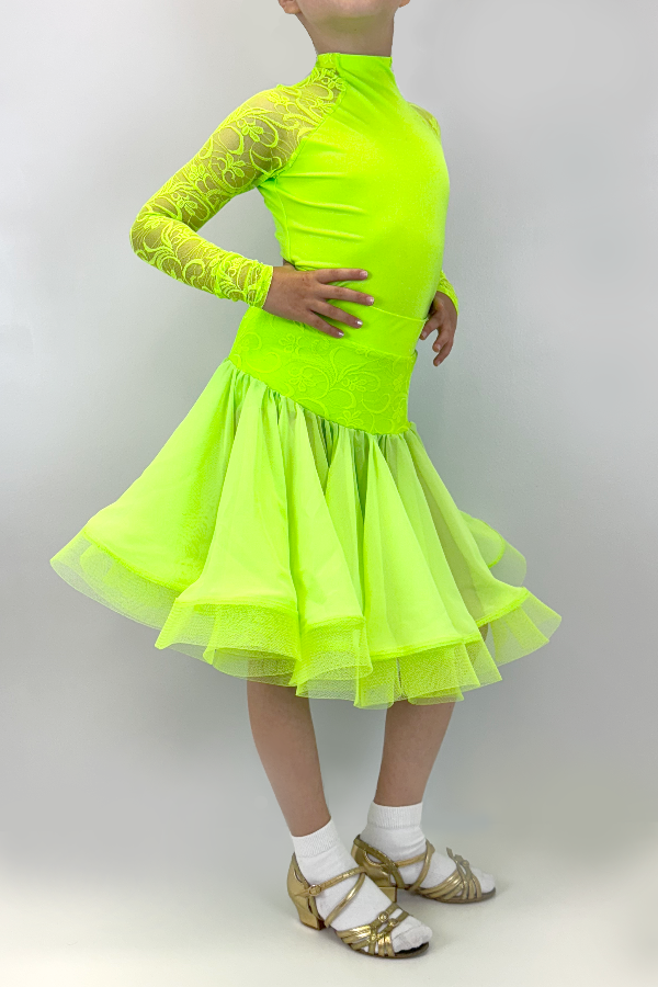 two piece Neon green dress with long sleeves and a flared skirt