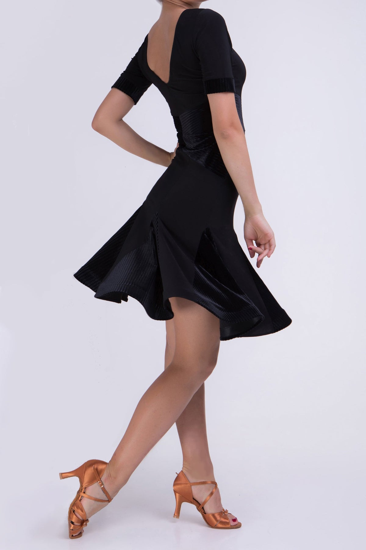 Black dress with a flared skirt with velour inserts