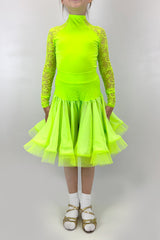 Neon green dress with long sleeves and a skirt long neck 